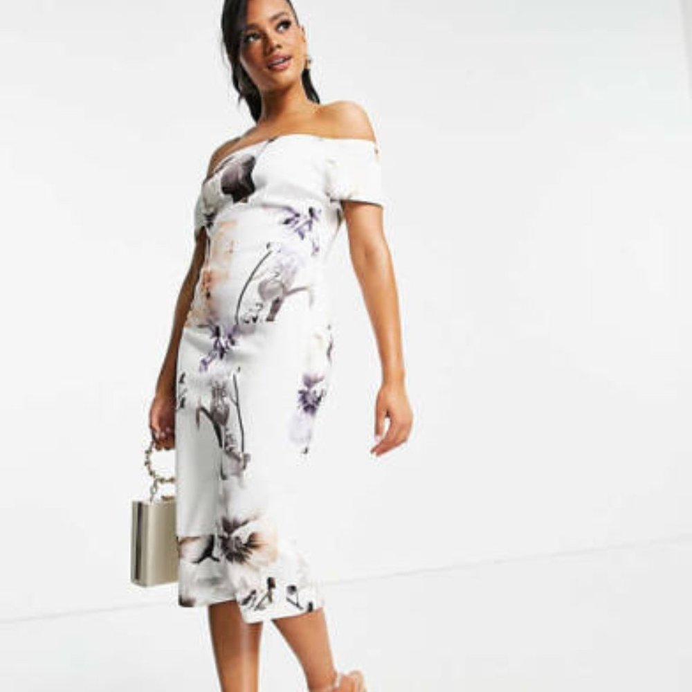TED BAKER SAIDIE VANILLA OFF THE SHOULDER FLORAL SHEATH DRESS 5/ US 12